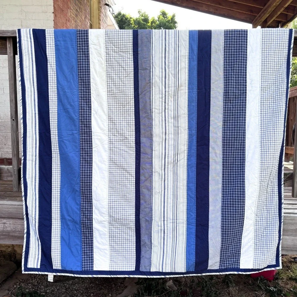 Woolrich Striped Cotton Quilt Twin Blue Plaid Cabin Patchwork Nautical Bedding